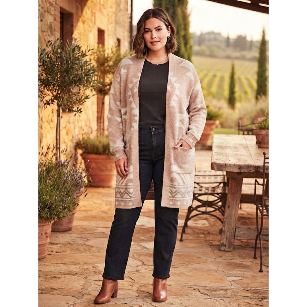 FRYE Taupe and Cream Aztec Open-Front Cardigan (long) XXL